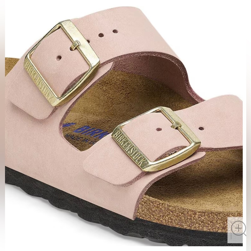 Sold | Birkenstock | Arizona Soft Pink Double Strap Sandals With Gold Buckles - Picture 7 of 11